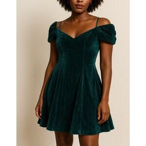 Vintage 90s Green Velvet Off Shoulder Party Dress Puff Sleeve Size 5/6